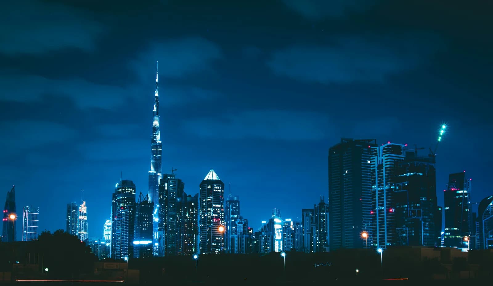 Dubai skyline and Burj Khalifa at blue hour in the United Arab Emirates